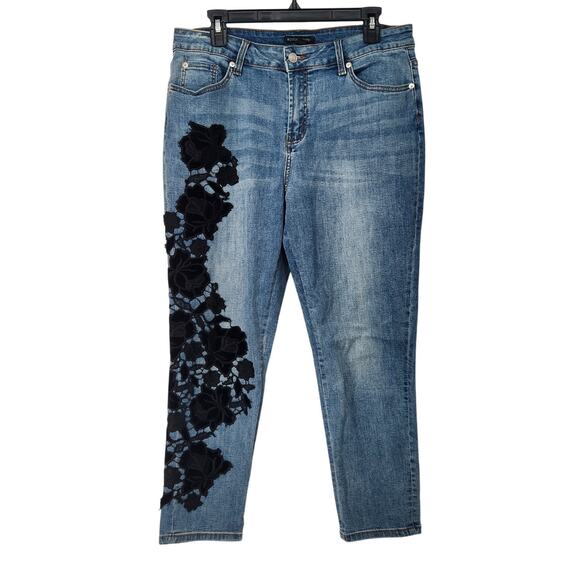 Boston Proper Blue Denim Black Lace Applique High Rise Skinny Jeans Women's 14 - Picture 1 of 9